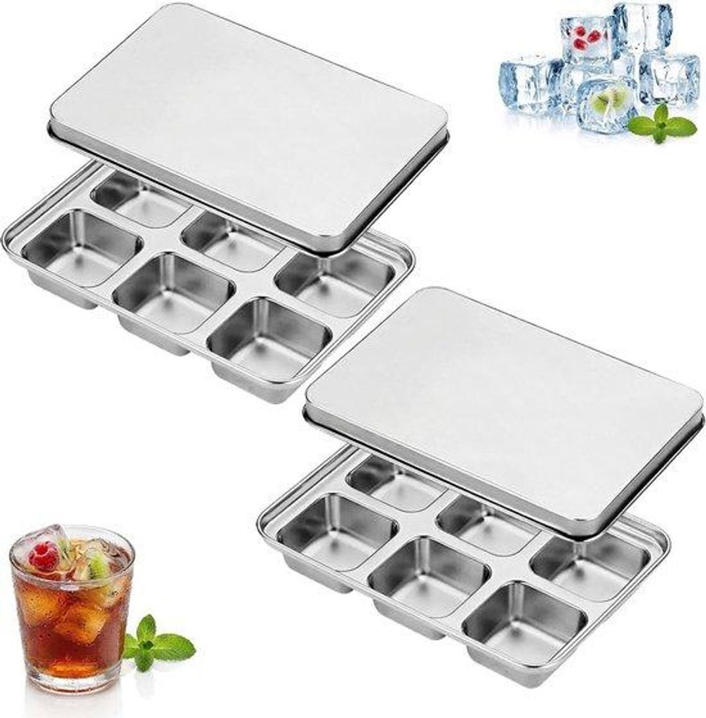Zwei Stücke Stahl-Eiswürfelfach mit Deckel, 12 quadratische Fächer, stapelbarer großer Eiswürfelfach für Cocktails, Getränke, Wein, Obst, BP...