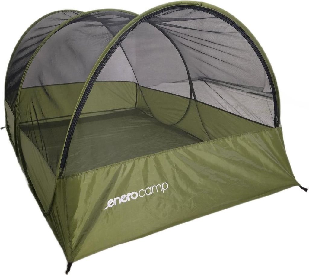 A green pop-up mosquito net tent is shown against a white background.