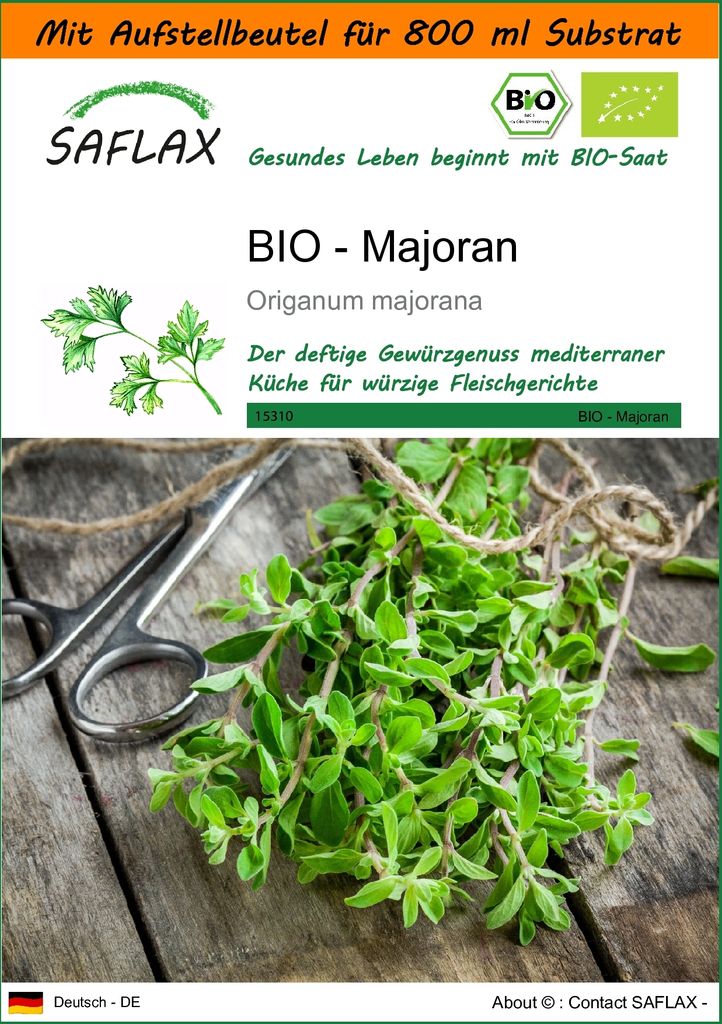 SAFLAX - Garden in the Bag - BIO - Majoran - 700 Samen - Mit Anzuchtsubstrat im praktischen, selbst aufstellenden Beutel - Origanum majorana