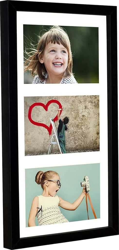 A black multi-photo frame with three different images: a young girl smiling, a person painting a heart on a wall, and a young girl taking a photo with a vintage camera.