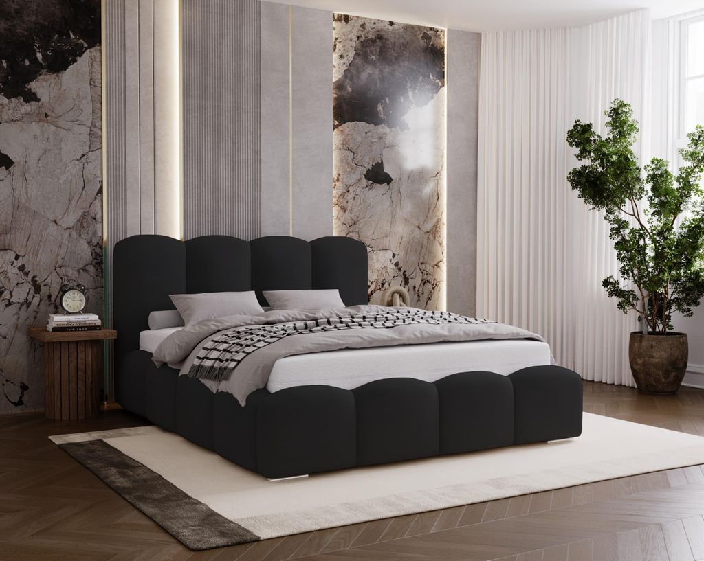 Polsterbett 140x200 Zenna - dickem Schaumstoff, Bett mit Bettkasten und Lattenrost - Samt Schwarz (Magic Velvet 2219)