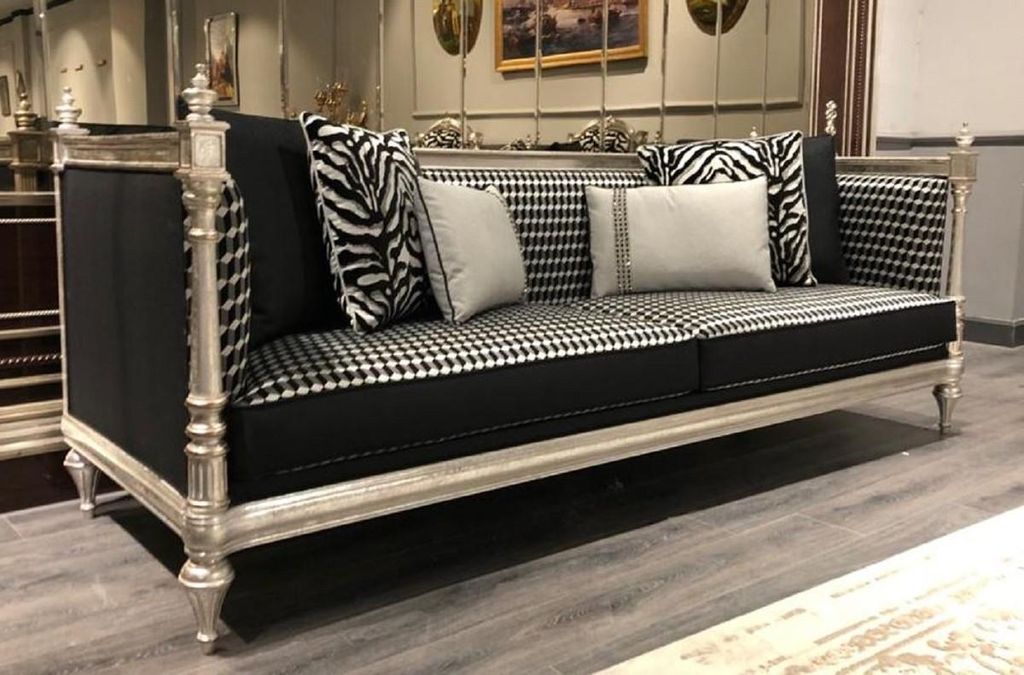 Casa Padrino Luxus Barock Sofa Schwarz / Silber / Antik Silber - Wohnzimmer Sofa mit elegantem Muster - Edel & Prunkvoll