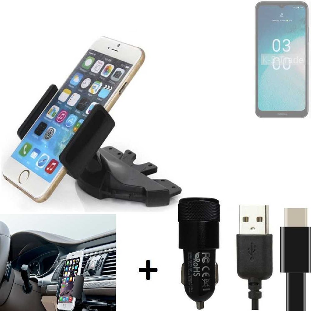 K-S-Trade CD Schlitz Handy-Halterung kompatibel mit Nokia C300 Autohalterung KFZ-Halter Radio Handy Halterung 360° drehbar CD-Schacht inkl. USB-C