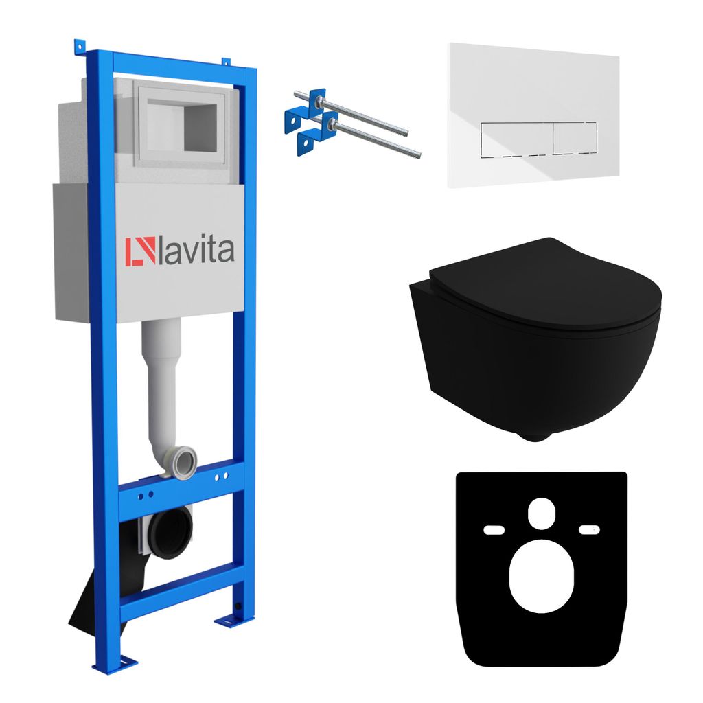 Lavita LAV 101 Vorwandelement für WC 40cm + Wand Hänge Tiefspül WC BRAVA Schwarz Spülrandlos + Bedienplatte LAV 200.3.1 Weiß | Komplettset | U...