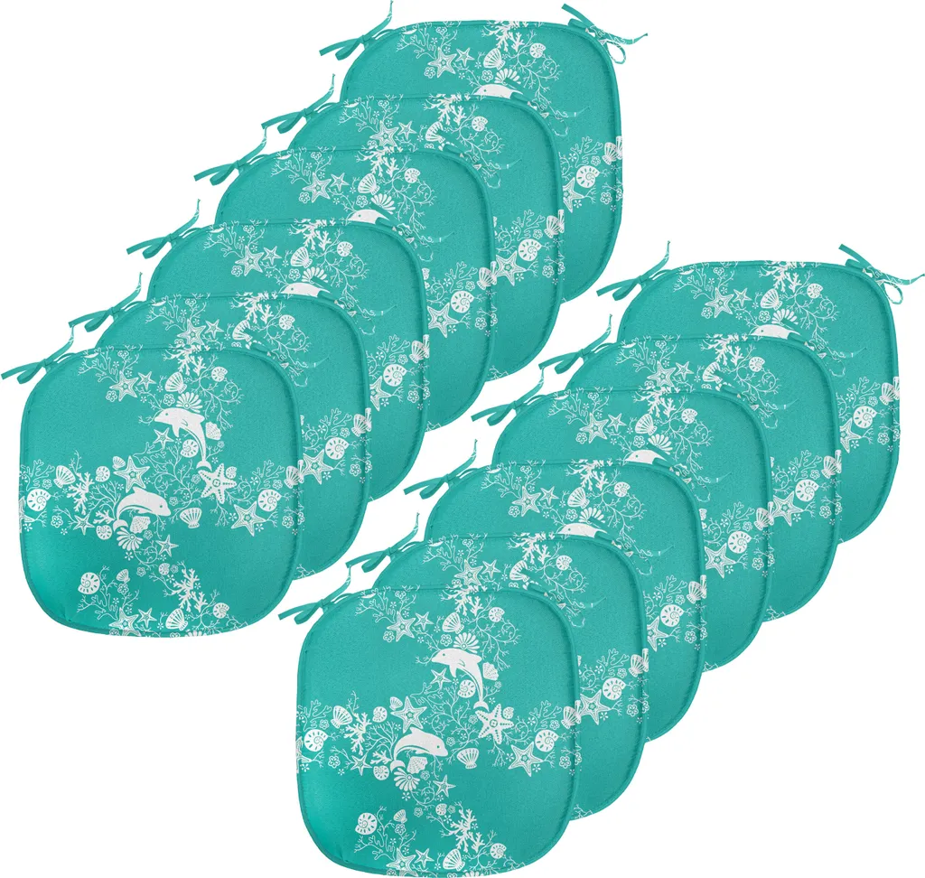 ABAKUHAUS Animali marini Imbottitura per sedie da sala da pranzo, delfini e fiori, cuscino decorativo impermeabile con cinturini per sedie da cucina, 40 cm x 40 cm - confezione da 12, verde mare bianco