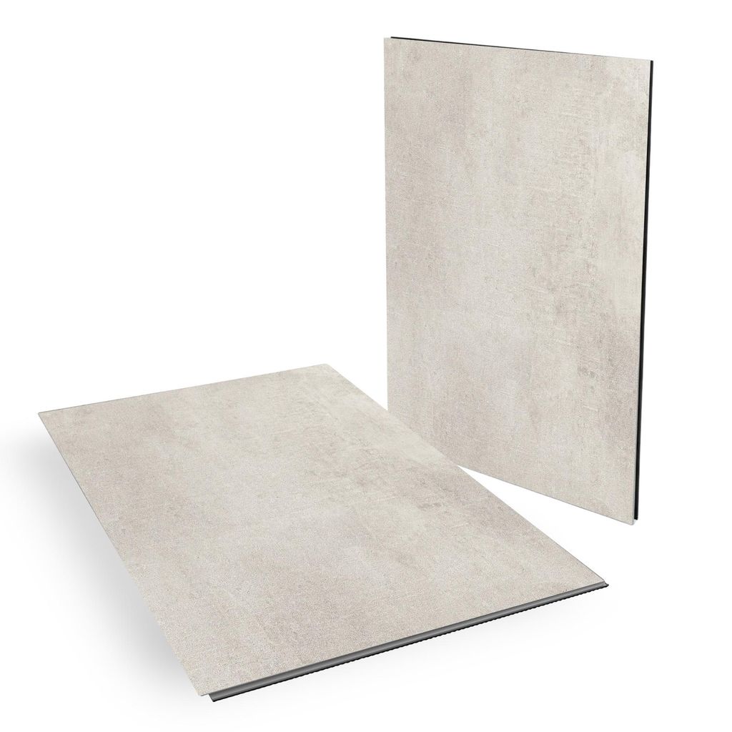 Two vinyl flooring tiles are shown against a white background. One tile is lying flat in the foreground, and the other is standing upright in the background.