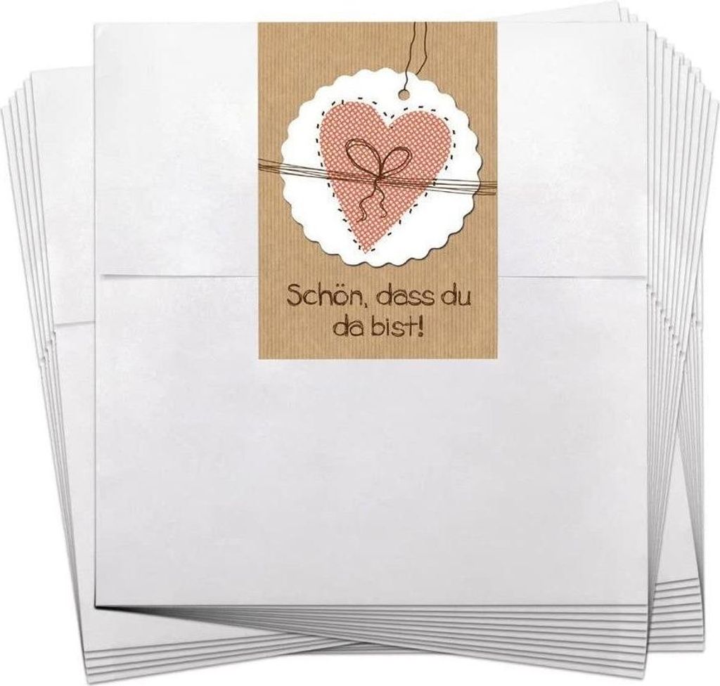 10 weiße Geschenktüten Papiertüten Flachbeutel 13 x 18 + 2 cm Lasche mit Aufkleber beige braun schwarzes Herz VON HERZEN vintage für Weihnachts...