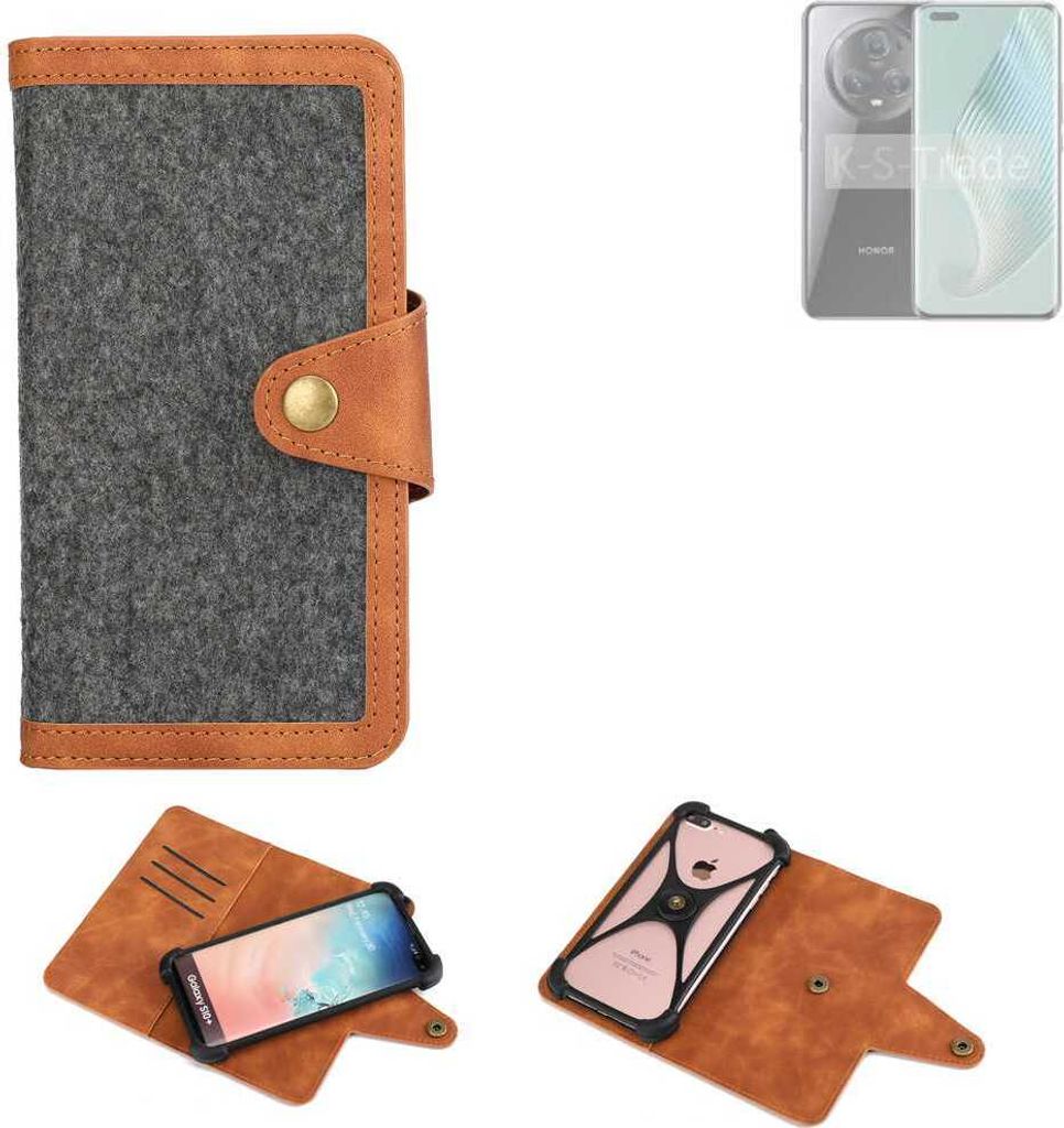 K-S-Trade Schutzhülle Handyhülle kompatibel mit Honor Magic5 Pro Filz Hülle Kunst-Leder dunkelgrau braun (1x)