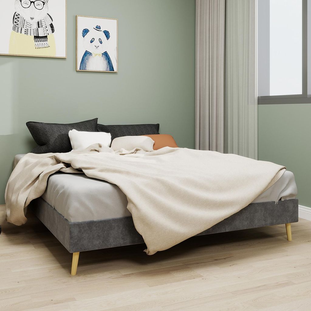 Sweiko Modern Minimalist Bed Frame, 140x200 cm, Grey, Dutch Velvet Fabric, Low-Profile Base, Modern Style Bedroom Furniture. Excludes Gas Lift, Hea...