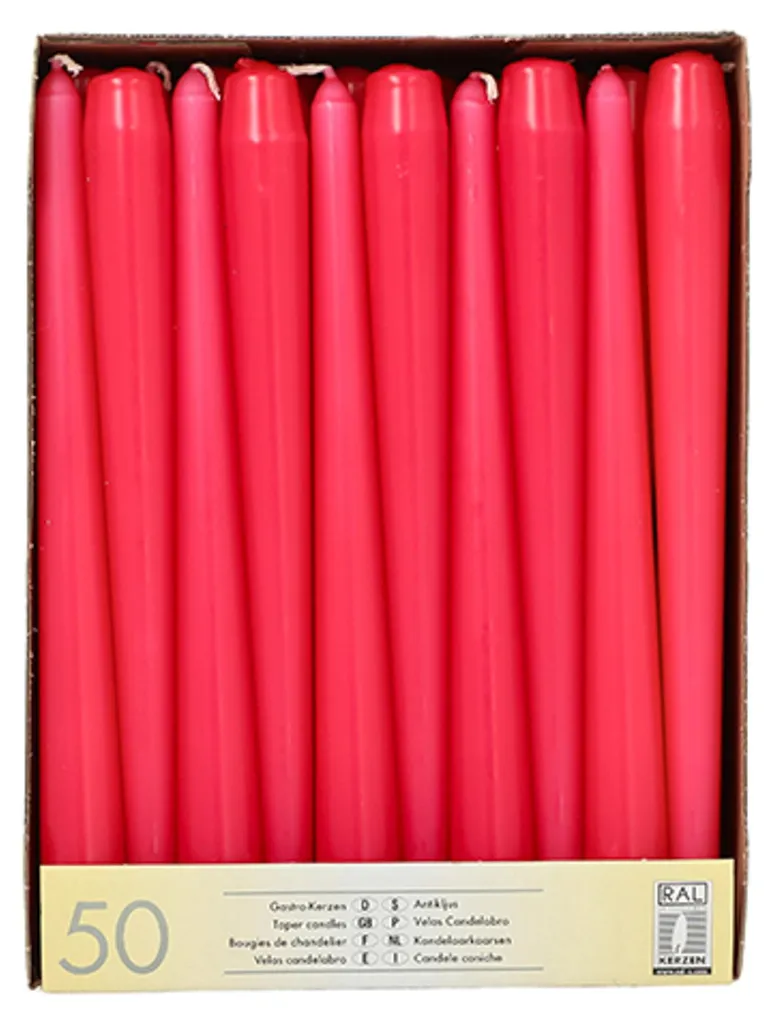Bougies flambeaux fuchsia 25 cm - Pack de 50 unités pour porte-bougie