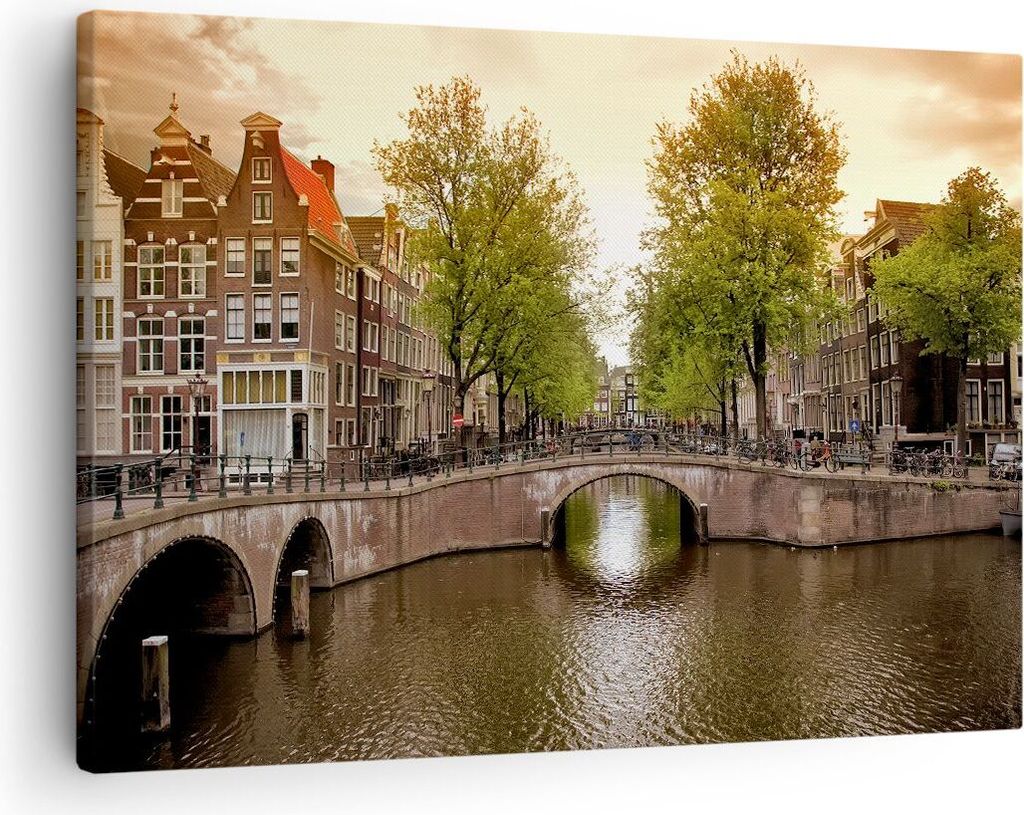 Bild auf Leinwand - Leinwandbild - Kanal Wasser Amsterdam Fahrrad - 70x50cm - Wand Bild - Wanddeko - Leinwanddruck - Bilder - Kunstdruck - Wanddeko...