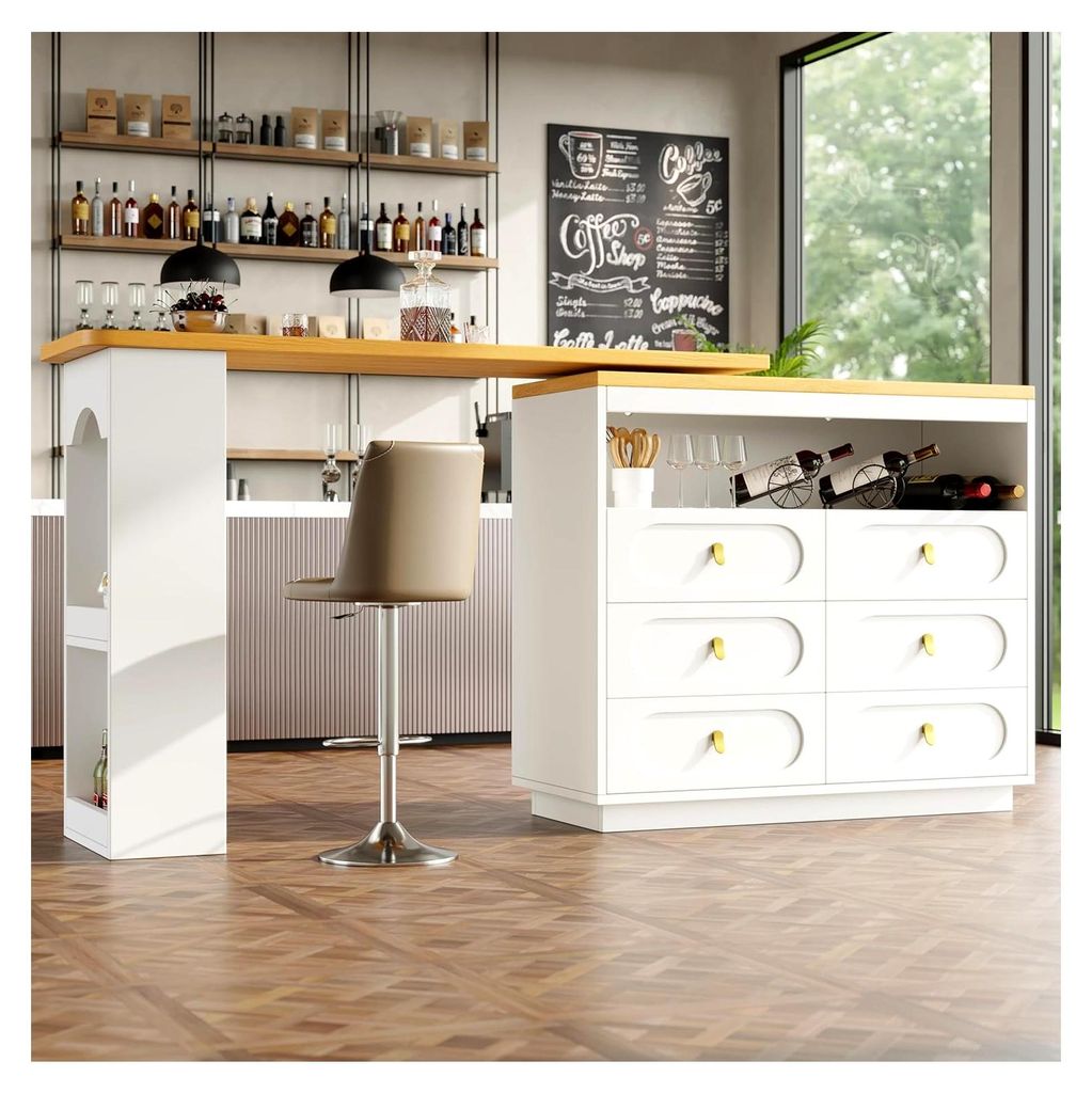 Bartisch 138-203 cm 360° drehbar ausziehbar Kücheninsel Schreibtisch Esstisch mit 6 Schubladen Snack-Regal Längenverstellbar Weiß für Küche W...