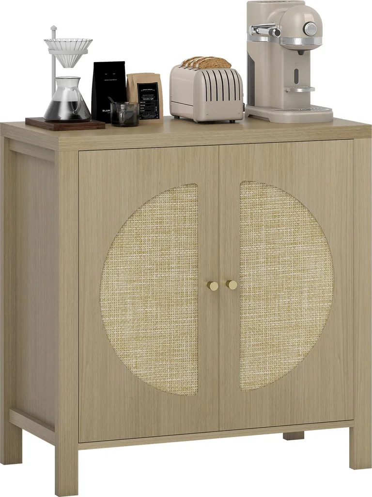 Meuble de Rangement Bas avec Portes en Rotin et Étagère Ajustable Bois