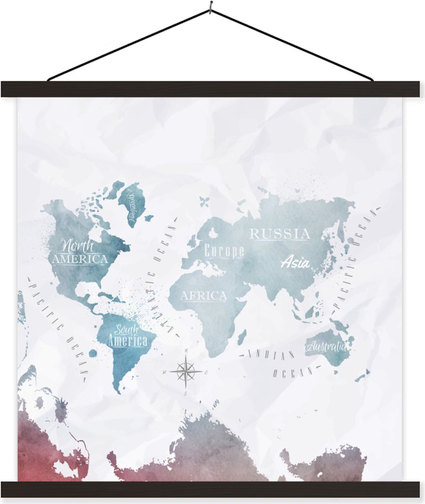 MuchoWow Textilposter Weltkarte - Blau - Ölfarbe 120x120 cm mit schwarzem Rahmen - Aufhängungsset