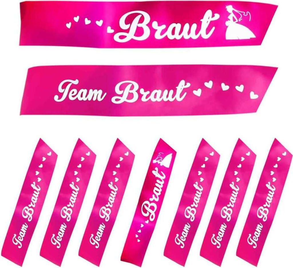 Oblique Unique Schärpe Braut + Team Braut Set JGA Hen Party Bride to be Herzen pink