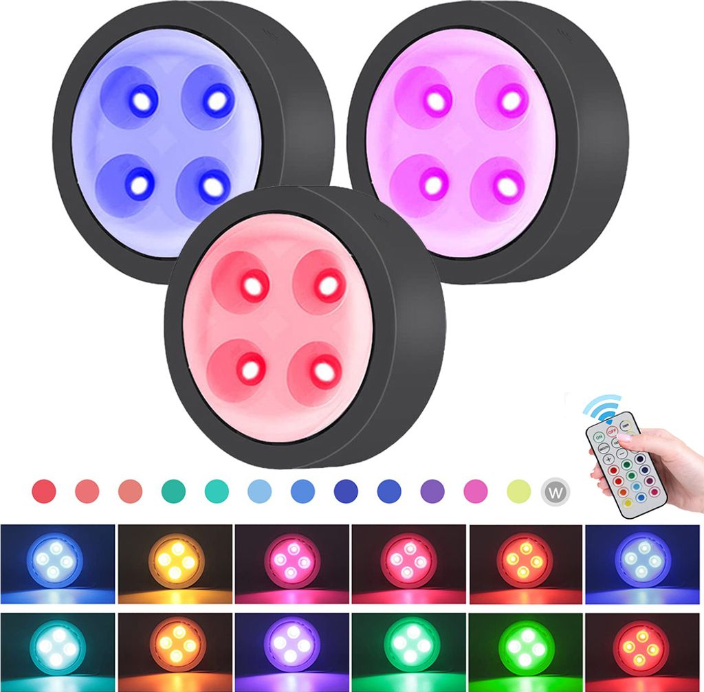 3X Led Schrankbeleuchtung Unterbauleuchte Küche Ohne Kabel Akku Unterschrank Beleuchtung RGB Spot Nachtlicht Schranklicht Batteriebetrieben, Schwarz