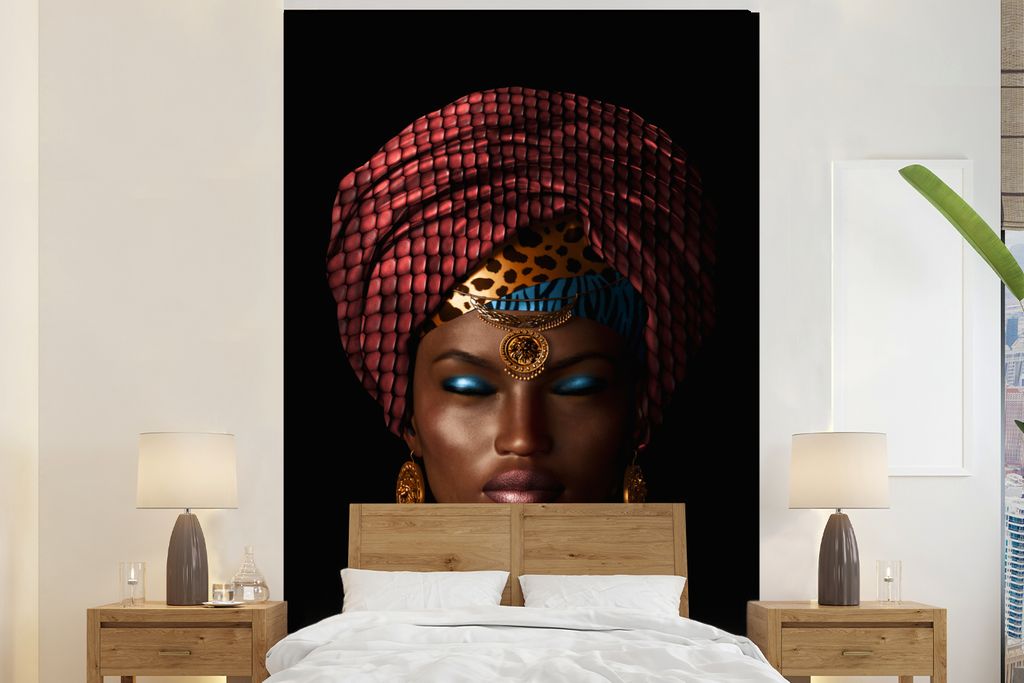 MuchoWow Fototapete für Wohnzimmer oder Schlafzimmer Wandtapete Vinyl Motivtapete Frau - Farben - Kopftuch - 160x240 cm - Vinyltapete