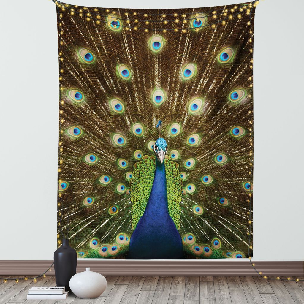 ABAKUHAUS Pfau Wandteppich, Porträt Des Pfaus Mit Heraus verschiedenen Farben Vogel Sommer Garten Heraus, Wohnzimmer Schlafzimmer Seidiger Satin W...