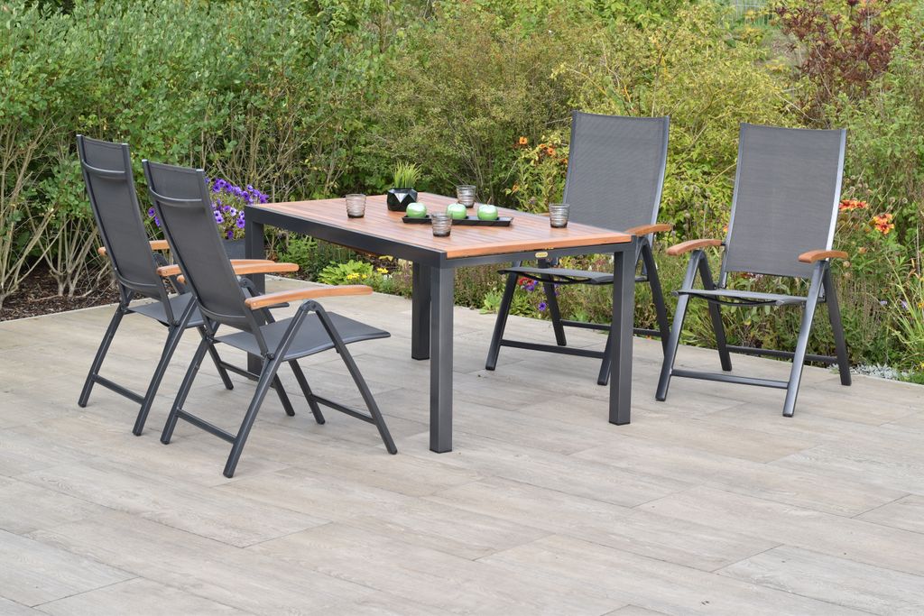 Merxx Gartenmöbelset "Toblino" 5tlg. mit Ausziehtisch 150/200 x 90 cm - Aluminiumgestell Graphit mit Textilbespannung Anthrazit und Akazienholz