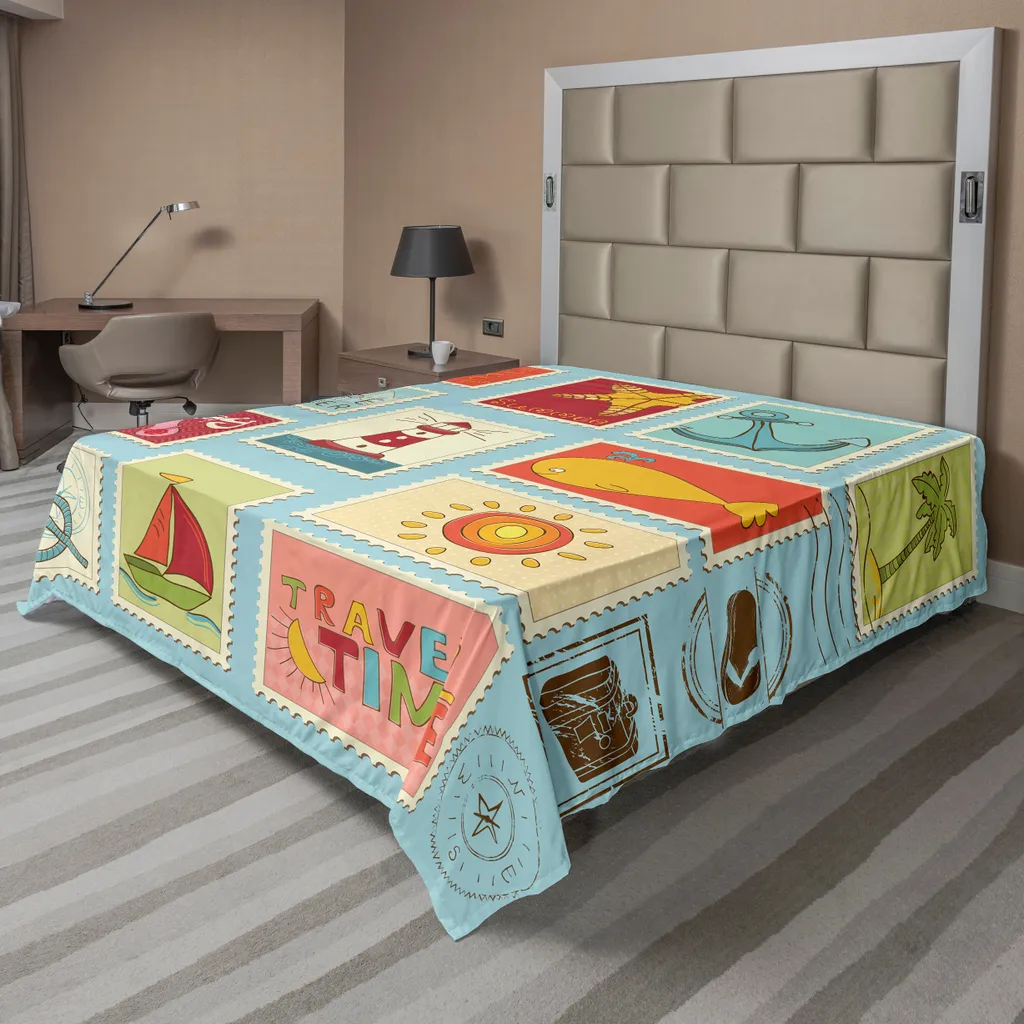 ABAKUHAUS Lenzuolo Seestück, tema marittimo Faro e ancora Palme Balena Spiaggia Vela Nodo Motivo fumetto, lenzuolo morbido e confortevole per un letto decorativo 1 pezzo 260 cm x 228 cm, multicolore