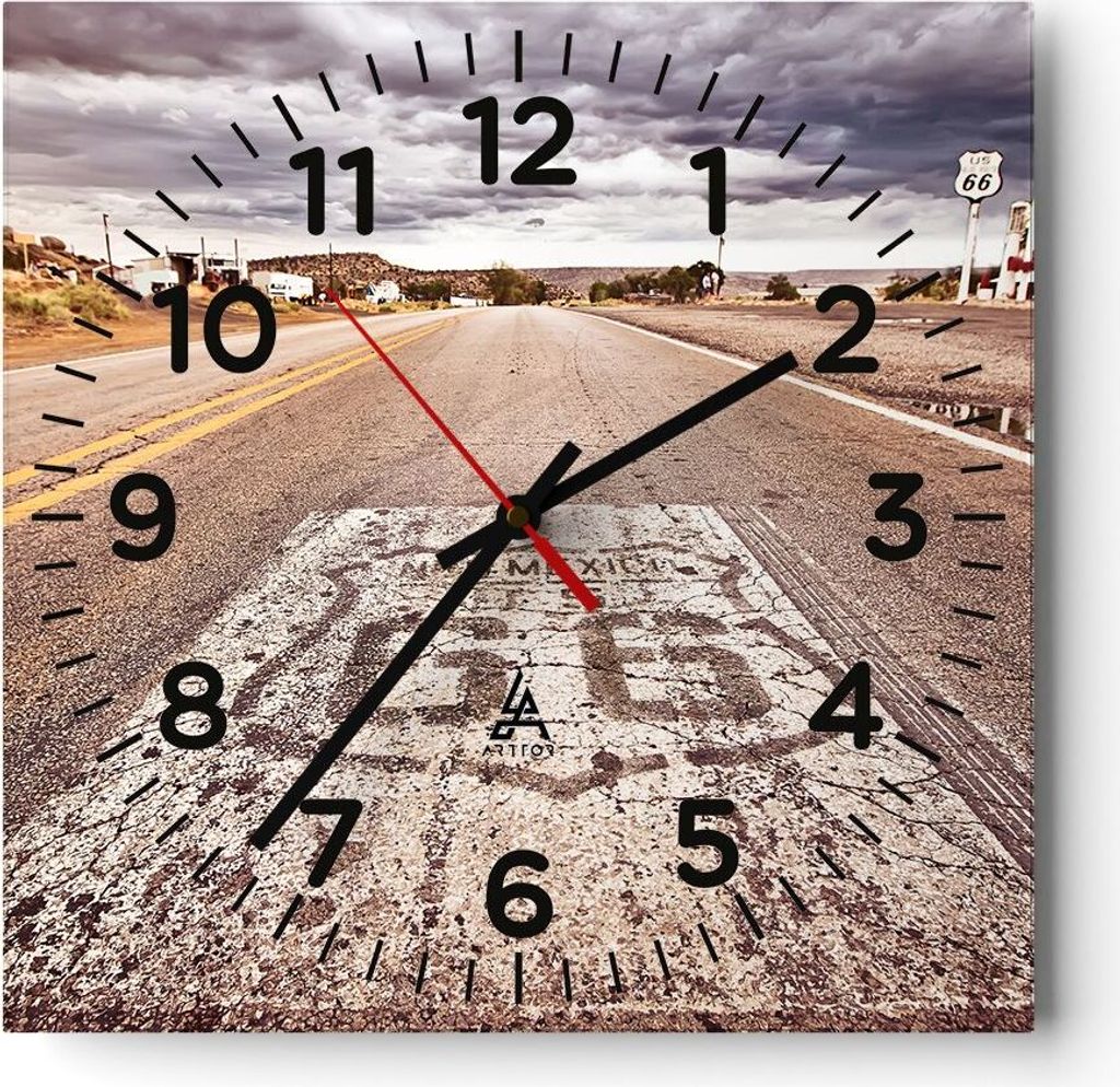 Wanduhr - Quadrat - Glasuhr - USA Route 66 Reise - 40x40cm - Schleichendes Uhrwerk - Lautlos - zum Aufhängen bereit - Dekoration Modern - Wanddeko...