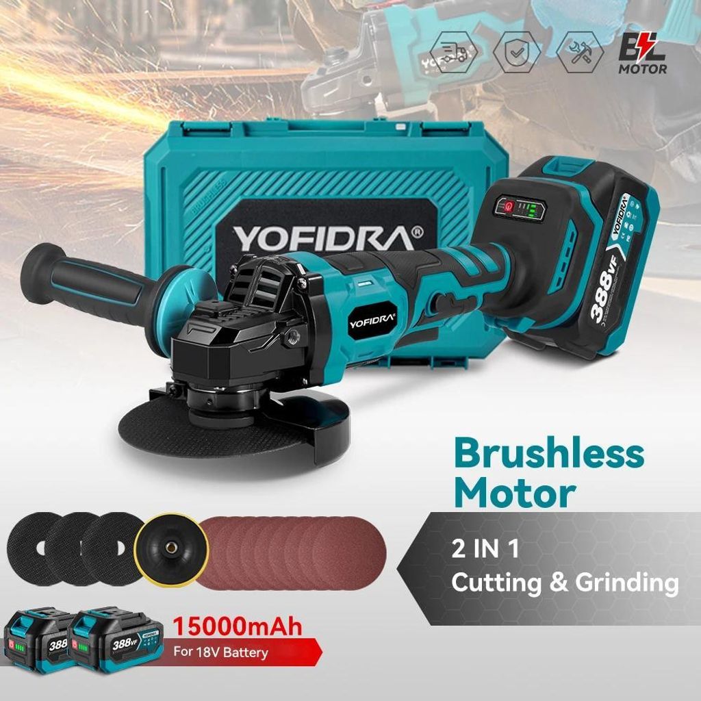 YOFIDRA Akku-Winkelschleifer 125 mm, bürstenlos, 1500W, 18V, mit 2 Akkus und Ladegerät, Kompatibel mit Makita 18V Akku