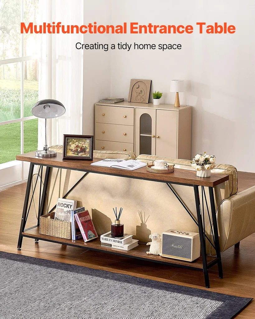 Table console 180 cm étroite à deux niveaux et structure métallique noire