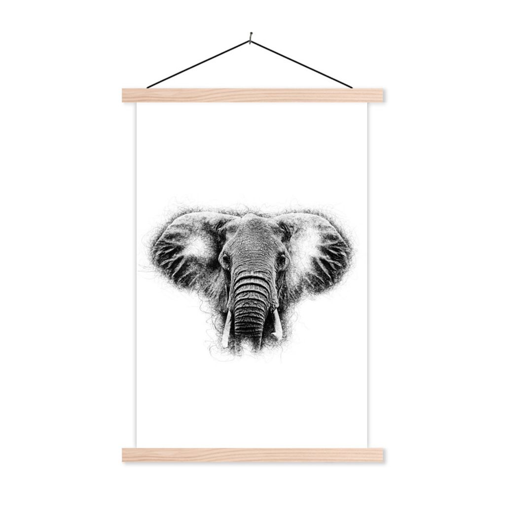 MuchoWow Textilposter Elefant - Schwarz - Weiß - Tasse 60x90 cm mit holzfarbenen Rahmen - Textil