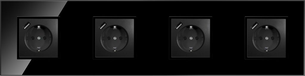 4-fach Steckdose + USB Schwarz Komplett mit Glasrahmen Schuko 230V QUADRA