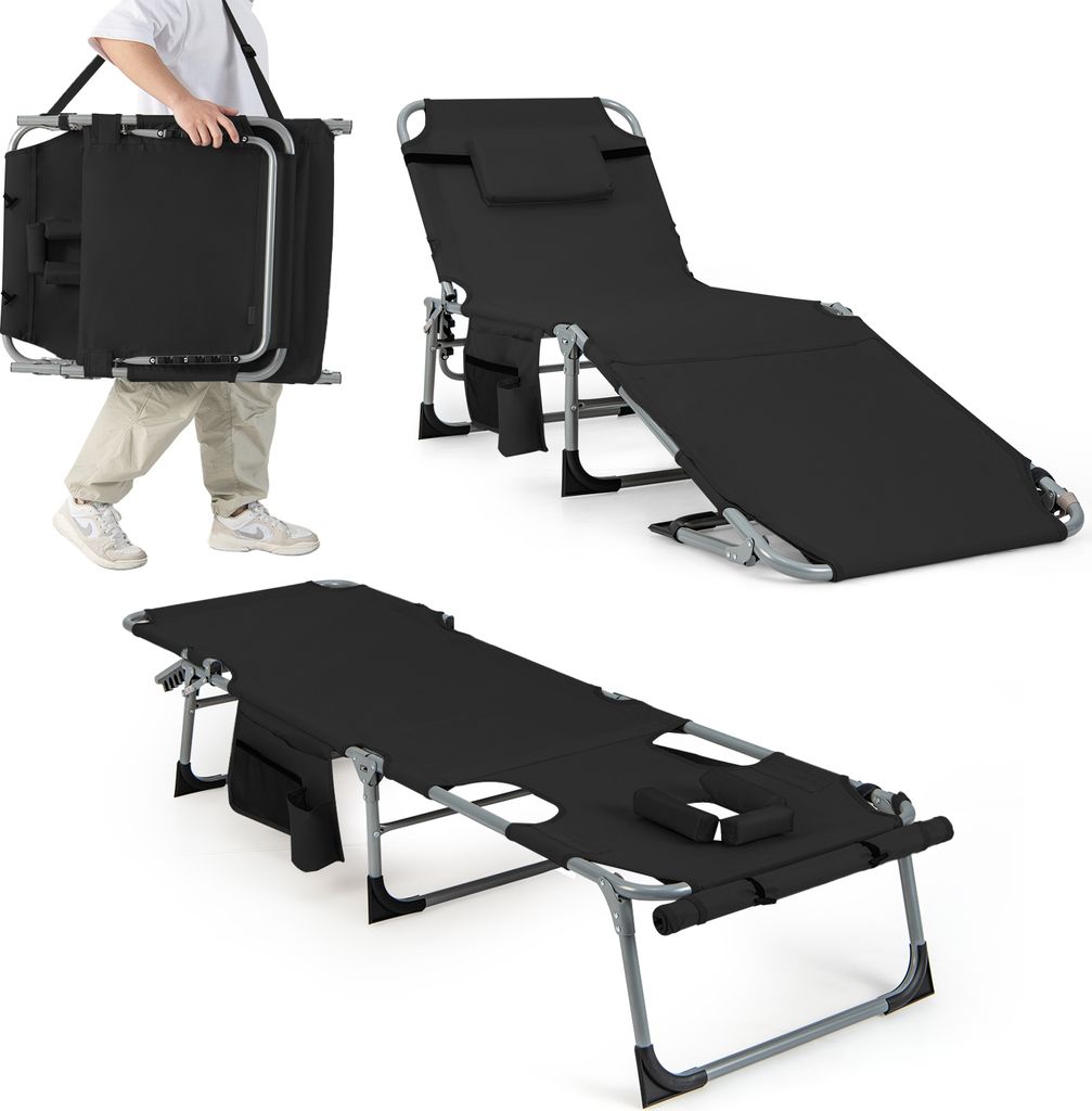 A collage of images showing a foldable lounge chair in different configurations: being carried, reclined, and laid flat with a face opening.