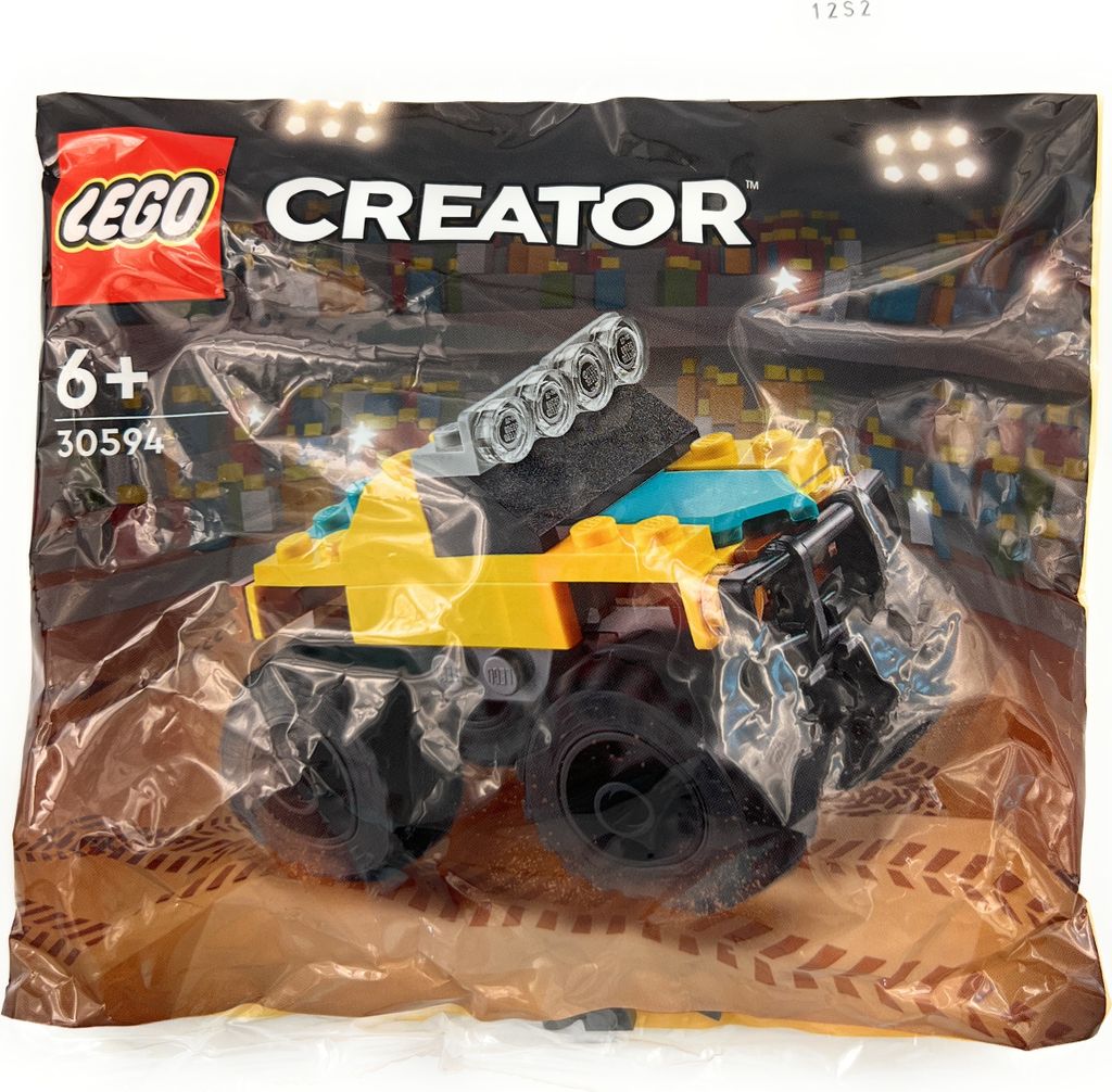 A LEGO Creator Monster Truck polybag with the toy visible inside.
