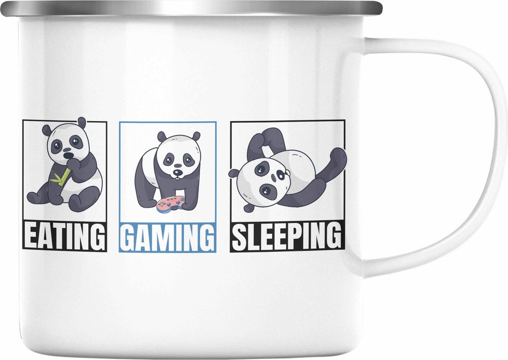 Trendation - Lustige Panda Emaille Tasse Geschenk Gamer Gaming Zocker Geschenkidee für Jungs (Silber)