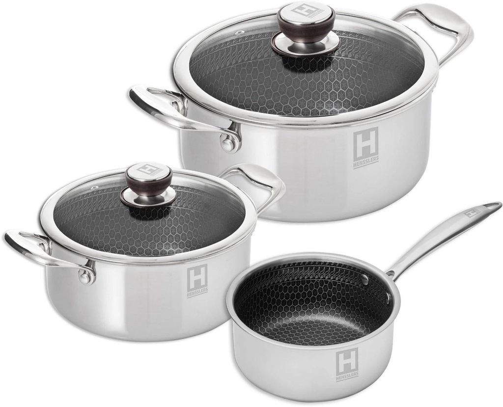 A set of three stainless steel pots with glass lids and honeycomb patterns on a white background.