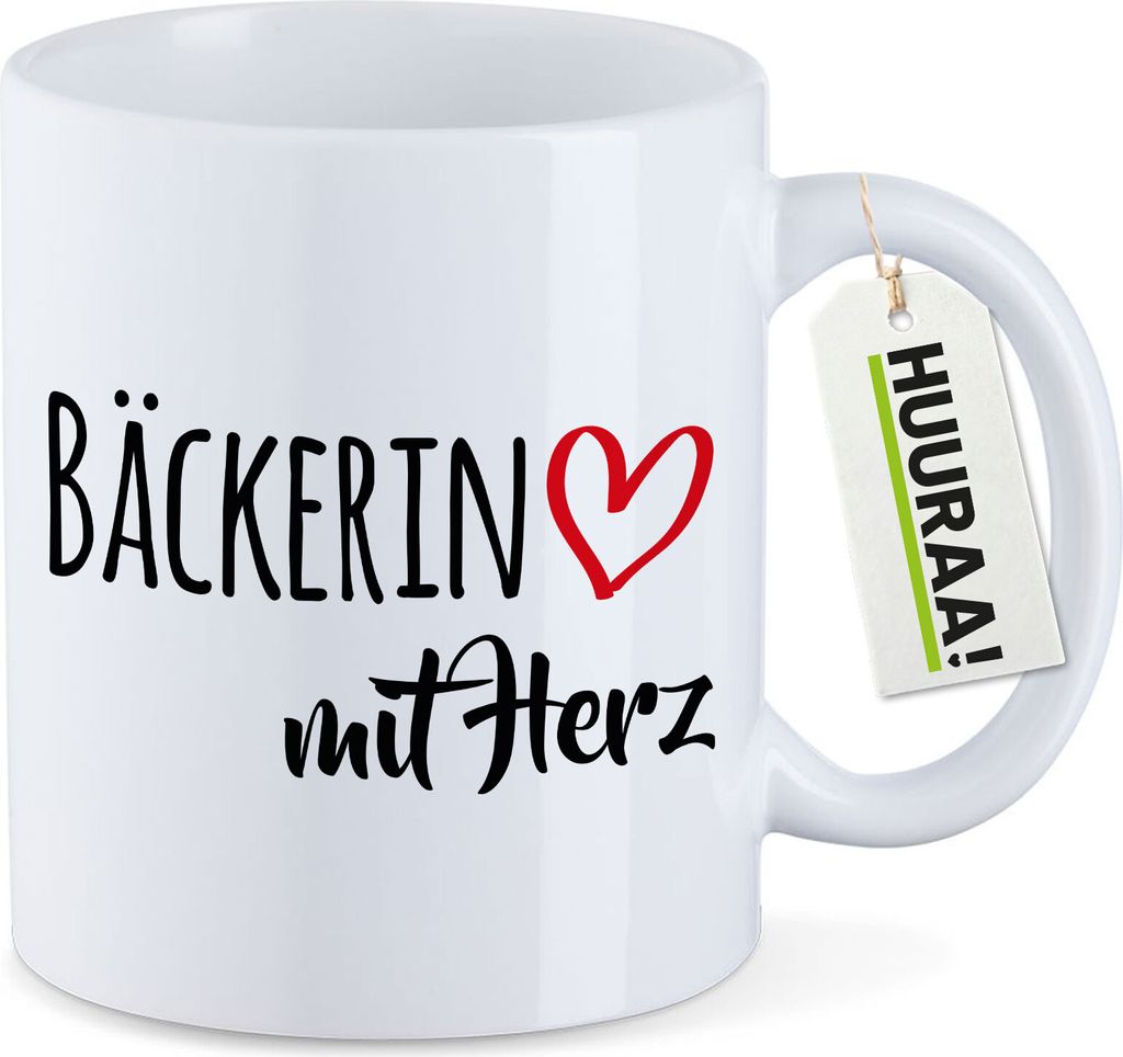 Huuraa Kaffeetasse Bäckerin mit Herz 330ml Weiß Keramik Kaffeebecher Geschenkidee