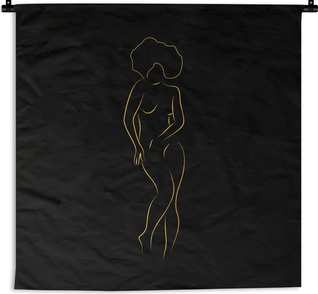 MuchoWow Wandteppich Wandbehang Frau - Schwarz - Gold - Strichzeichnung 150x150 cm Tapisserie Dekoration Wandtuch - Wohnaccessoires - Modernes