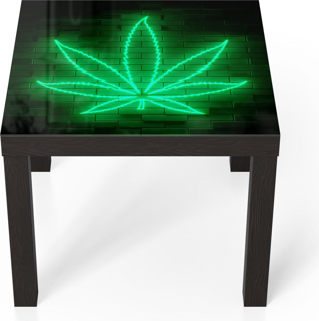 DEQORI Couchtisch 55x55 cm Schwarz 'Leuchtsymbol Hanfblatt' Glas Beistelltisch
