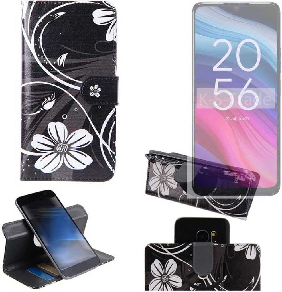 K-S-Trade Schutzhülle Handyhülle kompatibel mit TCL 505 Hülle 360° Wallet Case “Flowers“ Klapphülle Hülle schwarz-weiß 1x
