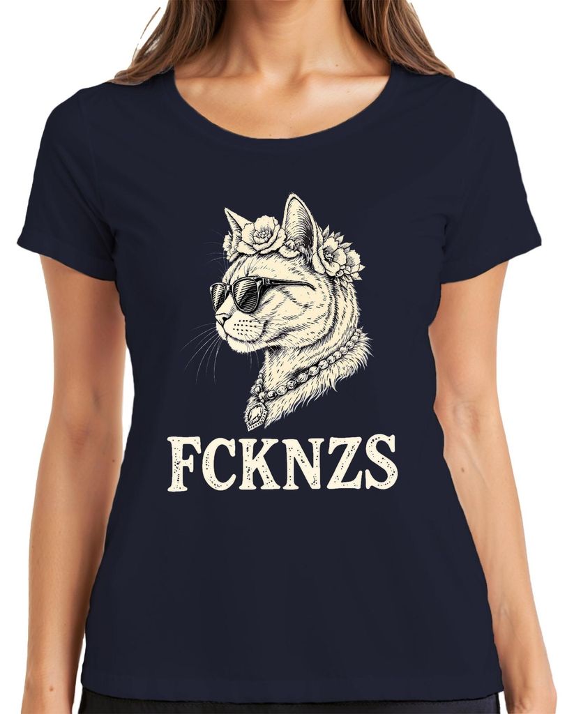 FCKNZS Katze Sonnenbrille Blumenkranz Retro Vintage Geschenk Damen T-Shirt, Navy, XL