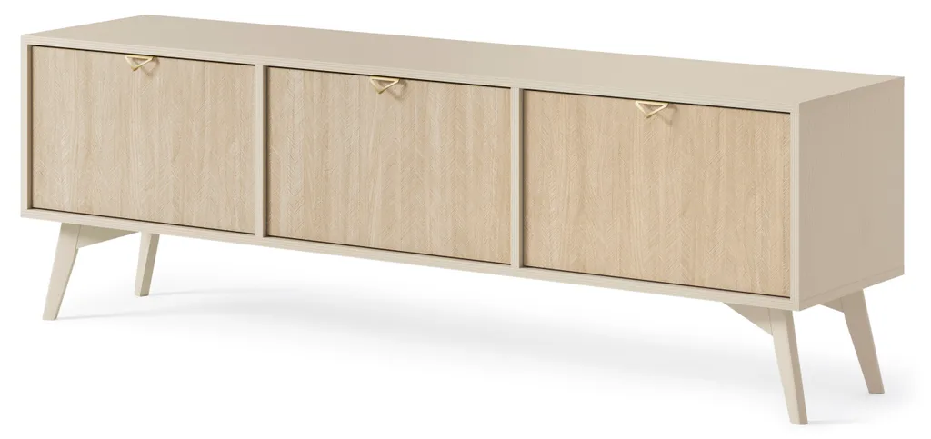 Meuble TV 158cm motif chevrons et pieds bois, finition beige sable mat