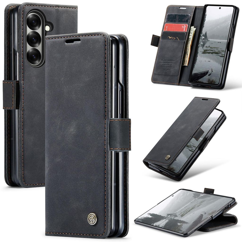 Galaxy Z Fold7 Hülle, Retro Kunstledertasche mit Standfunktion Schutzhülle für Samsung Galaxy Z Fold 7 5G Schwarz