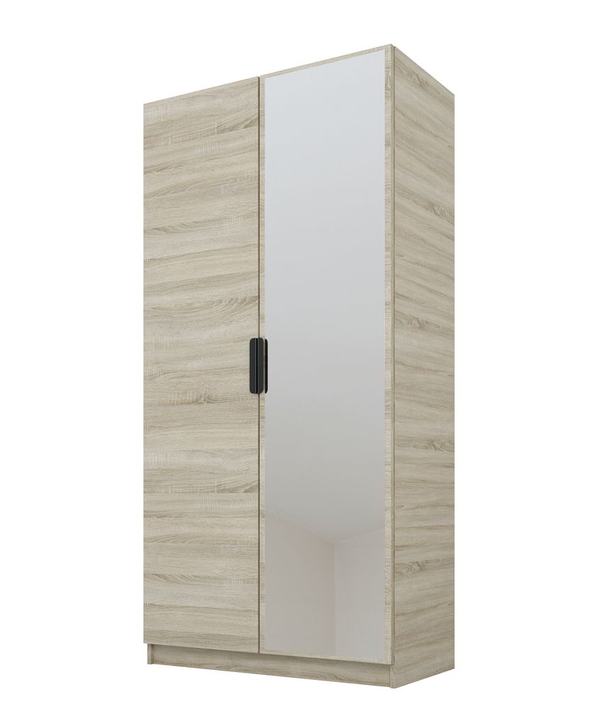 PAWS MOBEL Kippbarer Sonoma eiche Kleiderschrank 100x52x200 cm, zweitüriger offener Kleiderschrank mit Spiegel, mit Einlegeböden und Kleiderbügel