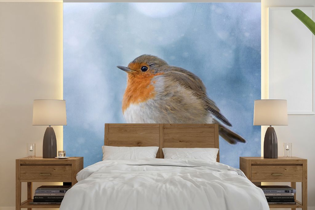 MuchoWow Fototapete für Wohnzimmer oder Schlafzimmer Wandtapete Vinyl Motivtapete Rotkehlchen - Winter - Blau - 240x240 cm - Schlafzimmer-Tapete