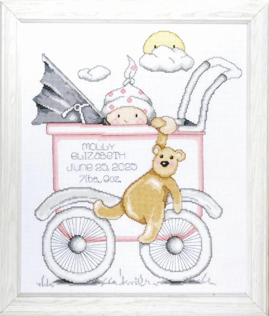 Kit broderie Baby Buggy Girl avec fils et toile Aida 33x38 cm