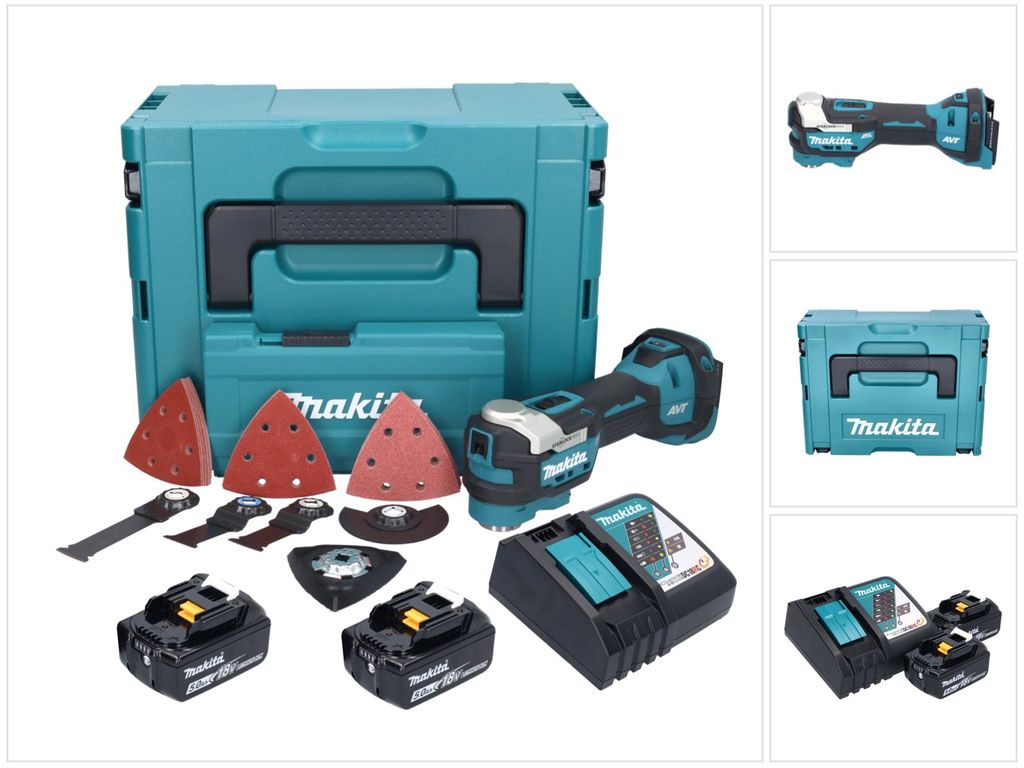Makita DTM 52 RTJX4 Akku Multifunktionswerkzeug 18 V Starlock Max Brushless + 2x Akku 5,0 Ah + Ladegerät + Zubehör Set + Makpac