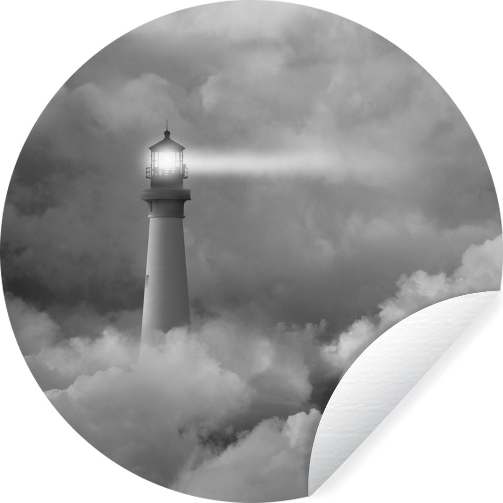 MuchoWow Runde Wandtattoo - Wandsticker Tapete Aufkleber Leuchtturm - Schwarz - Weiß Ø 80 cm Selbstklebend und Repositionierbar - Wandaufkleber...