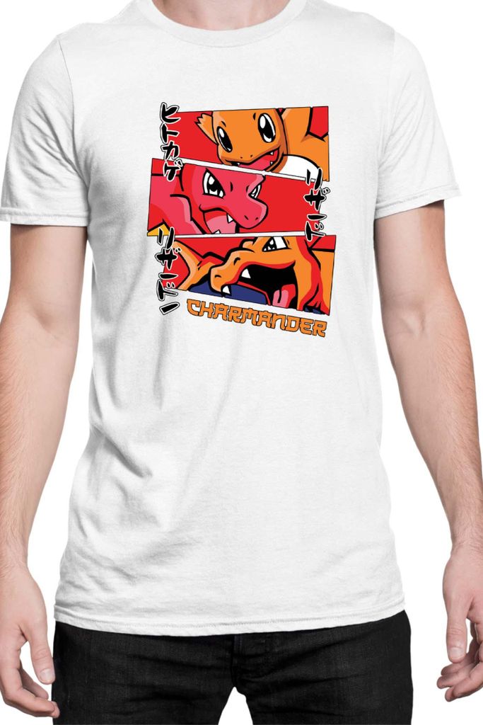 Herren T-Shirt Japan Manga Anime Comics Animation Pokeball Charmander Evolutions, Man L / Weiß
