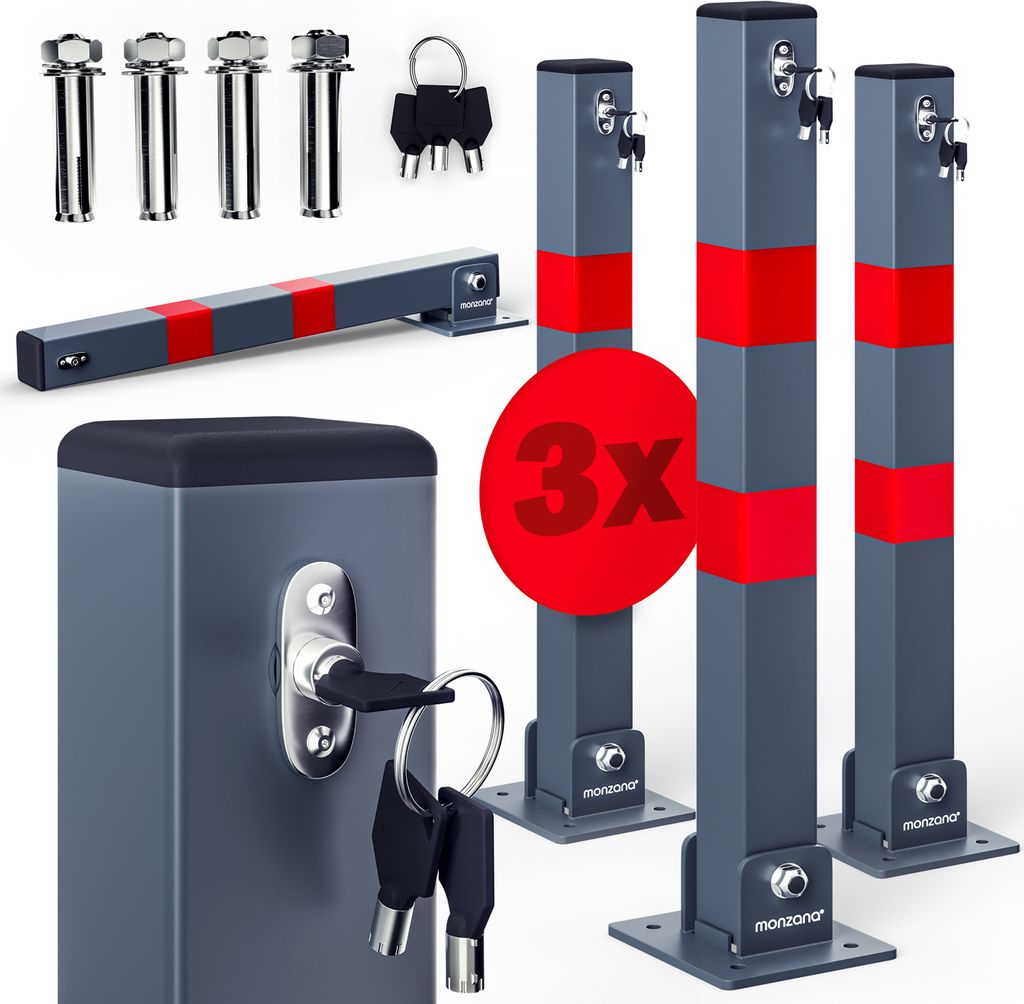 DEUBA 3x Parkpfosten Parkplatzsperre 3 Schlüssel Sperrpfosten klappbar Stahl Robust Standfuß Stabil Park Poller Set