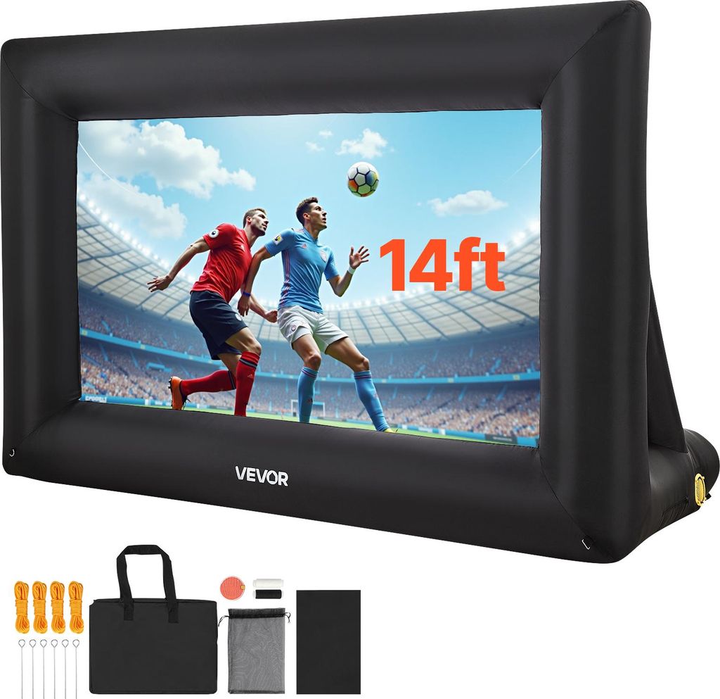 An inflatable movie screen displaying a soccer game, with accessories laid out below.