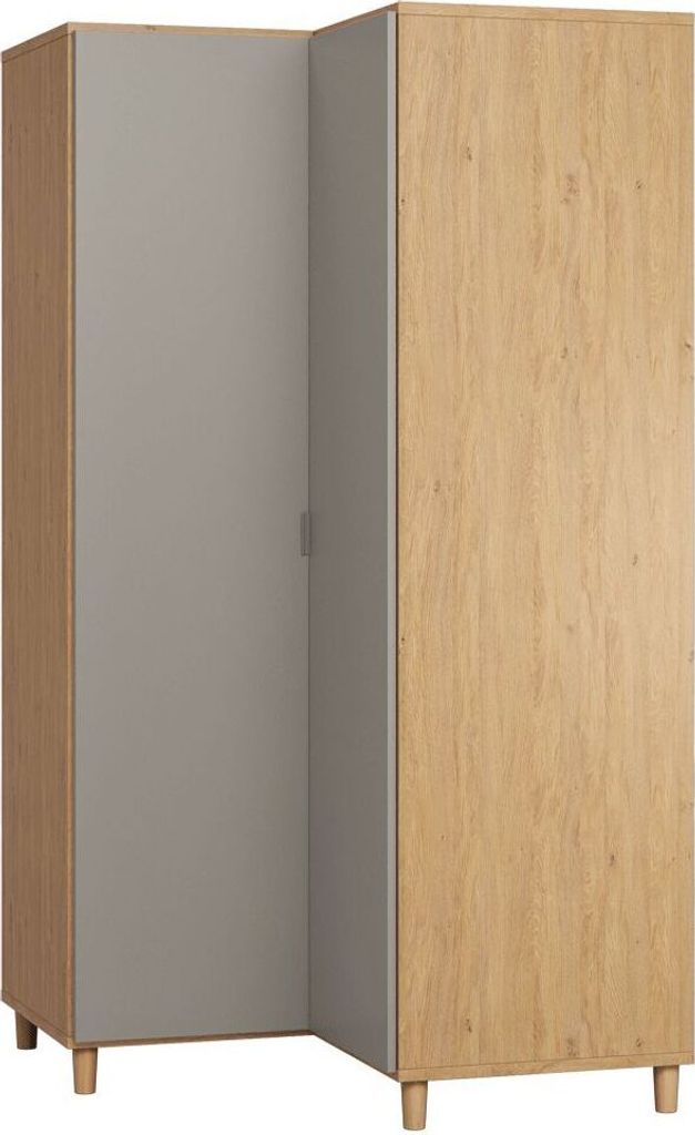 Drehtürenschrank / Eckkleiderschrank Nanez 14, Farbe: Eiche / Grau - Abmessungen: 195 x 102 x 104 cm (H x B x T)