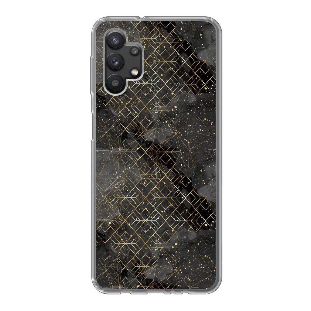 MuchoWow Handyhülle Schutzhülle Hülle für Samsung Galaxy A32 5G Marmor - Schwarz - Gold - Geometrie Silikon Softcase Handy Hülle - Softcase